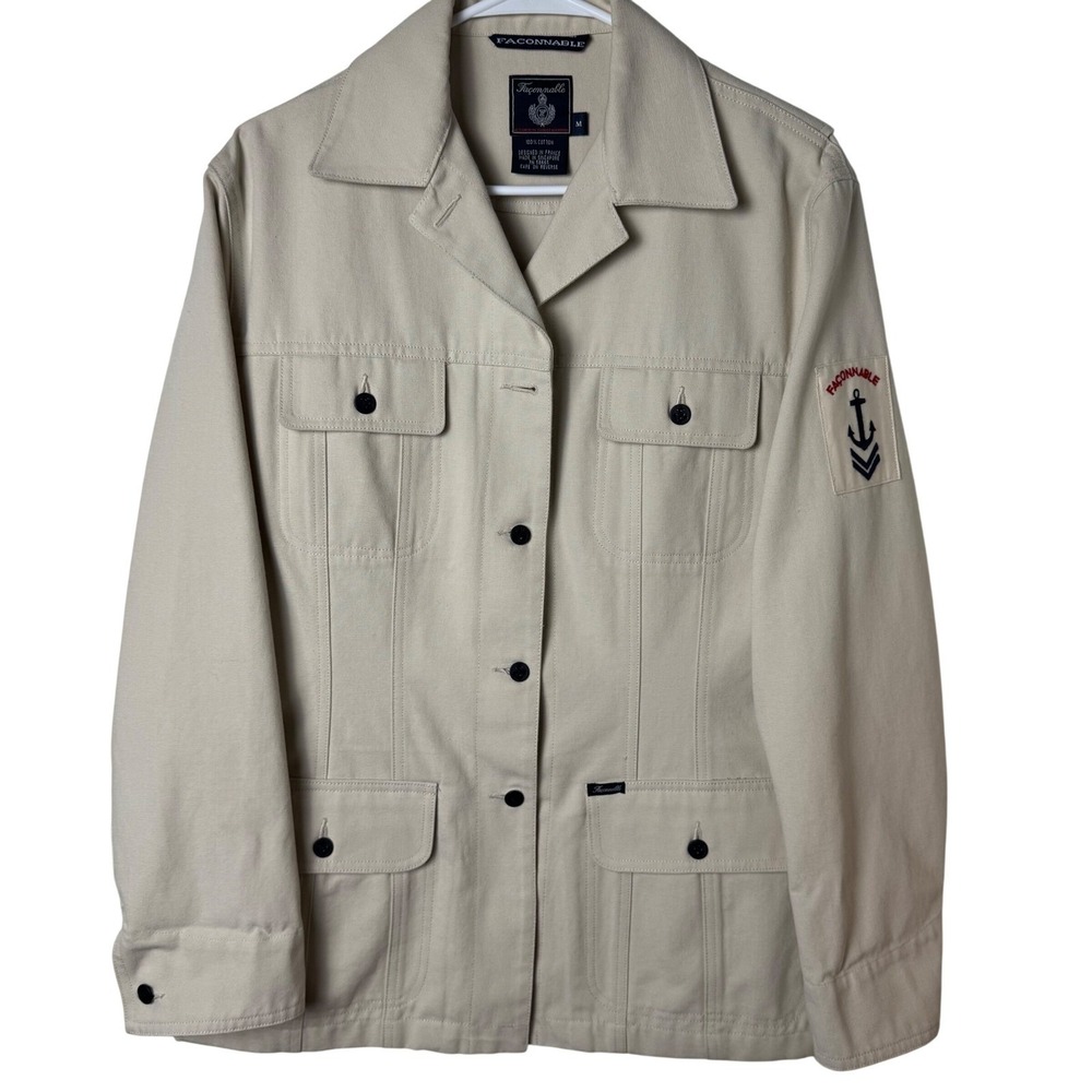Faconnable Safari Jacket Womens M Tan Nautical Anchor‎ Patch Cotton Utility